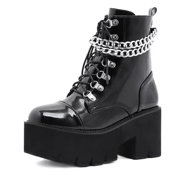 Нови пикантен дамски кожени есенни обувки от веригата на блок ток, готически черни обувки на платформа в стил пънк, дамски обувки от лачена кожа