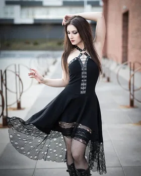 Ново женствена рокля в черен цвят, в готически стил, елегантен пуловер, дантелено мозайка шиене, отворено женствена рокля в готически стил, лятно