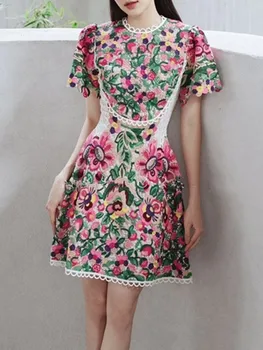 Ново модно дизайнерско рокля за подиум 2023 с дантелен бродерия и цветен модел, Розово-червени летни Рокли Vestidos