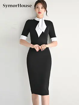 Ново пролетно-лятна есен черно дебнещ рокля-калъф, модерни секси рокля с лък в областта на шията, прости реколта клубни рокли за партита