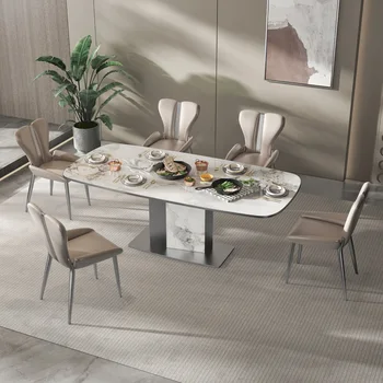 Обикновена маса за хранене от каменни плочи в италиански стил, изключително проста лека луксозна комбинация от правоъгълен маса за хранене и столове