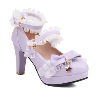 Обувки-лодка дамски обувки с високи токчета за партита, сватби, cosplay, бели, розови, черни, с лък, за принцеси, за cosplay в стил Лолита, дамски обувки-големи размери 33-45