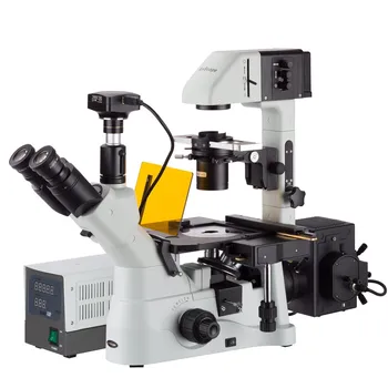 Обърнат фазово-контрастен + флуоресцентен микроскоп AmScope 40X-1500X с 2,3-мегапикселова камера с глобалното затвор и ниски осветление IN480TC-FL-2MG3