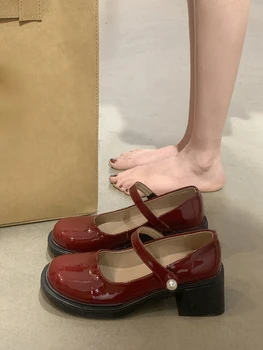Однотонная Реколта обувки на Нескользящем ток, Офисна Дамски обувки 2023 г., Летните Елегантни Обувки на среден ток, Корейската Мода Обувки с кръгло бомбе, Mary Janes