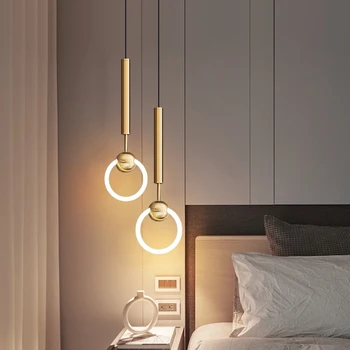 Окачен лампа, малка странична лампа, луксозен фон, модерен минималистичен малък полилей, спалня, дълга линия, кръг, скандинавски минимализъм