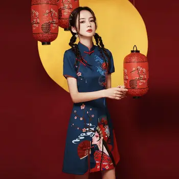Ориенталски Женски Чонсам с принтом, лятно коварен мини-Ципао, празнична рокля в китайски стил за млади момичета, традиционната рокля Qi Pao