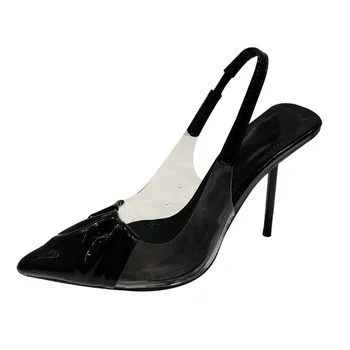 Пикантни Вечерни дамски Сандали на висок ток, Модни Сандали с остри пръсти, PVC, на Тънък ток 11,5 cm, Модельная Есента на дамски обувки в черен цвят