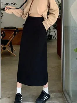 Поли Midi, дамски поли с висока талия, прости обикновена всеки ден с прерязано, универсални пролетта, корейски стил, прави, за почивка, Стилно, ретро