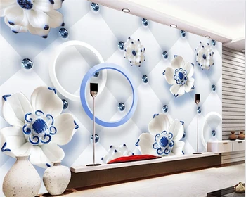 Потребителски тапети модни лотосови цветя 3D синьо-бял порцелан мека опаковка ТЕЛЕВИЗИЯ фон монтиране на украса модел фотообои