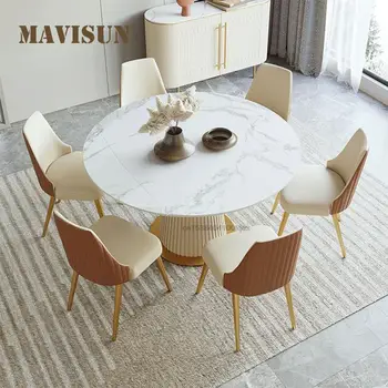 Прибиращ кръгла кухненска маса за хранене, Кетъринг мраморна маса за хранене и 6 стола, модерна луксозна мебел за дома