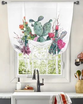 Прозорец завеса с цветя стрела на кактус, Пердета за кухня, хол, Регулируеми щори с джобове