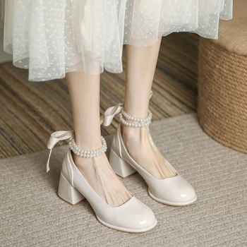 Пролет-есен нова дамски обувки Mary Jane с перлената на веригата, 2023, през цялата чорап, на висок ток, универсална единичен обувки за момичета