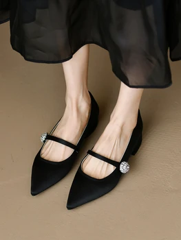 Пролет и есен 2023, нова реколта обувки Mary Jane нисък ток с остър пръсти и блестящи диаманти за ниска пета