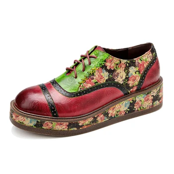 Пролет-лято нови дамски обувки-oxfords контрастен цвят на платформата от естествена кожа с шнур на дебела подметка, женски лоферы