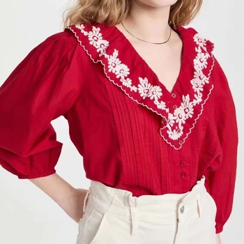 Пролетни дамски ризи 2023, Червен памучен Блуза с бродерия