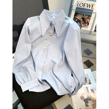 Пролетни дамски ризи с отложным яка, однотонная дамска блуза с дълъг ръкав, корейската мода, универсални дамски блузи 2023, новост