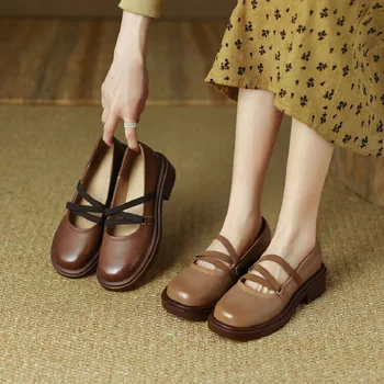 Пролетни нови дамски тънки обувки, популярни удобни дамски обувки на среден ток с кръгла пръсти в британския стил, Марка дизайнерски обувки Zapatos