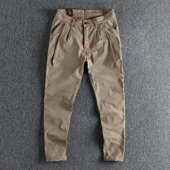 Пролетни нови ежедневни панталони за баща на американския ретро-стил от кепър лента през, мъжки модни преки свободни панталони от чист памук, выстиранные до щиколоток
