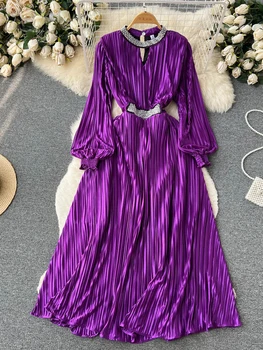 Пролетно-есенни Женски атласное плиссированное вечерна рокля с винтажными диаманти в стил мозайка, с отворени ръкави-фенерчета, драпированный Елегантен халат за баня, модерен