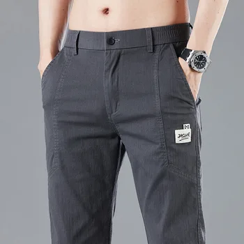 Пролетно-летен дизайн с еластичен колан, мъжки тънки ежедневни панталони, корейски модни памучни стрейчевые бизнес панталони, мъжки сиво-сини