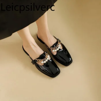 Пролетно-летните модни модерни чехли на нисък ток с квадратни пръсти, бродирани с мъниста, дамски обувки с височина 2 см, големи размери 32-43
