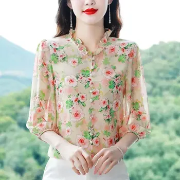 Пролетно-лятна нова шифоновая риза с цветен модел и 3/4 ръкав, с модерна блуза с яка под формата на дървени уши с рюшами, Blusas