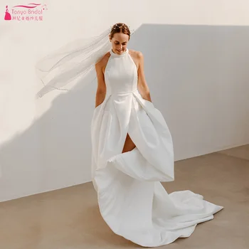Прости елегантни сватбени рокли трапецовидна форма с отворен гръб, сватбени рокли с цепка отпред, Boho Noivas ZW379