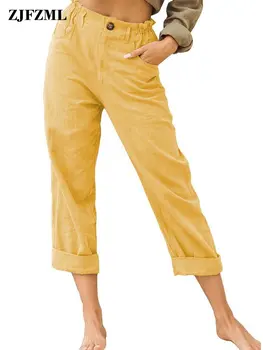 Прости модни дамски обикновена панталони за почивка от памук и лен, ежедневни дълги панталони копчета с висока талия и странични джобове