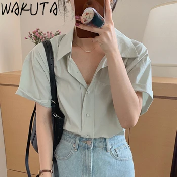 Прости официалните дамски ризи WAKUTA с къс ръкав Лято 2023, корейски стил, реколта обикновена Свободни однобортные блузи, Потници