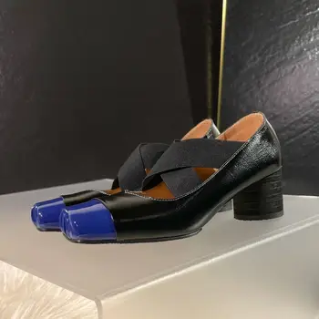 Размер диапазон 34-40, дизайн еластична лента, обувки от естествена кожа на дебелите ток, пролетта на марката, модни и ежедневни дамски обувки за партита на токчета