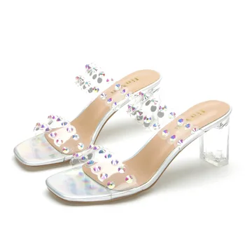 Размер35-44; Летни Модни Джапанки с кристали; Прозрачни Чехли от PVC; Дамски Обувки на висок ток с отворени пръсти; Джапанки-лодка
