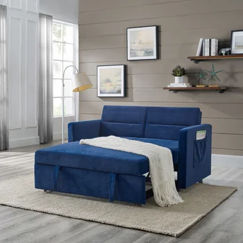 Разтегателен диван Loveseats с плъзгащо се легло, подвижна облегалка и два джоба за ръцете，Синьо, бяло (54,5 