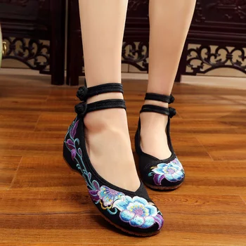 Реколта дамски памучен обувки с цветна бродерия, дамски ежедневни обувки в китайски стил, удобни меки парусиновые танци, балет апартаменти, балерина