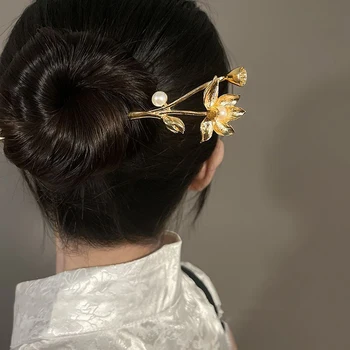 Реколта на шипове в китайски стил, пръчки за коса с Lotus, Дамски метална глазура, вилица за коса, Пръчици за Хранене, Аксесоари за шапки за момичета