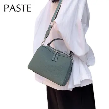 Реколта проста двустранен чанта с квадратна капак с 2 джобове Mian, 100% Естествена кожа, дамски чанта през рамо, синьо-зелена чанта за ръце