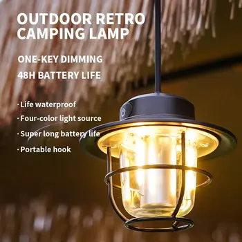 Ретро Лампа за къмпинг, окачен фенер, керамични фитил, 4 режима, фенерче, с регулируема яркост, USB Акумулаторна Авариен лампа за външно осветление