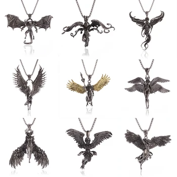 Ретро Луцифер, Черна статуя на Крилат Ангел, медальон, огърлица, мъжки, женски, в стил пънк, хип-хоп, езически бижута, Подаръци