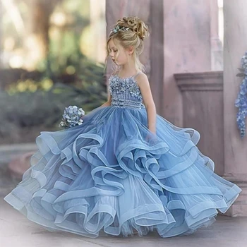 Рокли за момичета в цветенце работа-син тюл с къдри без ръкави с Цветен дизайн за сватбени рокли на принцеси за първо причастие