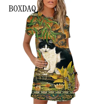 Рокля дамско лятното модно Сладка рокля с принтом котка с къс ръкав и кръгло деколте, ежедневни градинска дрехи, женствена рокля Оверсайз, сарафан