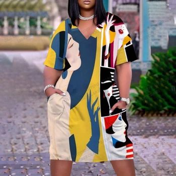Рокля с портрет принтом, сексуална ежедневното африкански женствена рокля, вечерна свободно модно рокля Midi Max Устни, плажен сарафан в стил бохо