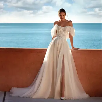Романтично плажна сватбена рокля под формата на сърце с открити рамене, расшитое аппликацией и пайети, сватбена рокля с цепка отстрани, струята Vestidos De Новия