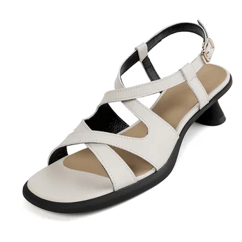 Сандали от естествена кожа на ток 4 cm, летни сандали с каишка на щиколотке и катарама, класически бежови черни дамски официални обувки на нетрадиционни обувки с отворени пръсти