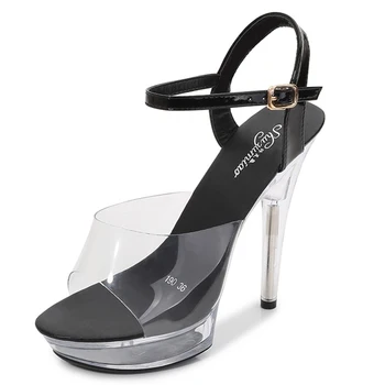 Сандали прозрачен, на висок ток 13 см и 15 см, летни дамски обувки на платформа с голям размер, чубрица страхотни обувки на висок ток