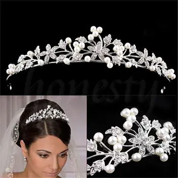 Сватбена диадема Цвете от кристал Crystal crown лента за коса pearl гребен за коса сватба