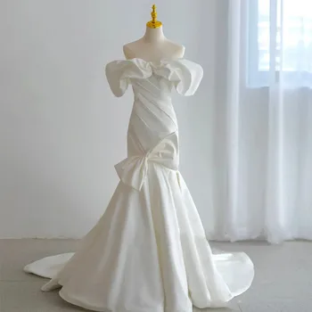 Сватбена рокля на Русалка с открити рамене, скъпа горловина, чрез шнурове отзад, къс ръкав, лък в сгъвката, robe De Mariée Sirène