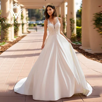 Сватбена рокля от сатен ALEX NOVIAS трапецовидна форма, 2023, Романтична сватбена рокля с аппликацией във формата на Сърце, илюзорни джобове, Vestidos Novias De Saten