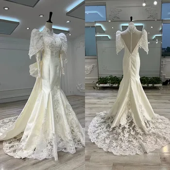 сватбена рокля, сшитое по поръчка в същия стил, пролет и лято 2023, ново атласное рокля с дълги ръкави и висока воротом, дантела във формата на рибено опашката, дълга опашка