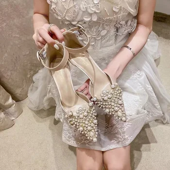 Сватбени обувки, обувки за сватба, коктейл вечер модела обувки, сатен перлени обувки на висок ток