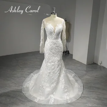 Сватбени рокли Ашли Карол Русалка, реални снимки, приложения с отворен гръб, с плажна сватбена рокля с дълъг ръкав, Vestidos De Новия