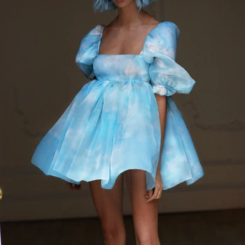 Секси елегантна мини рокля с флорални принтом, модерен ръкав-балон, квадратен силует, рокля с отворен гръб Y2K, дамски ежедневни тънки плисирани рокли
